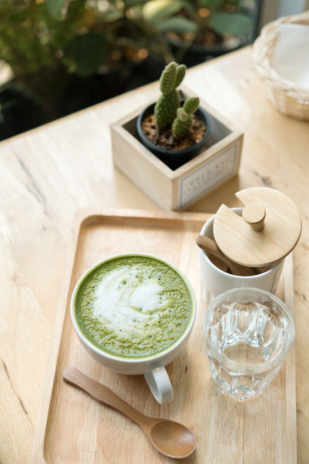 matcha latte on a table.